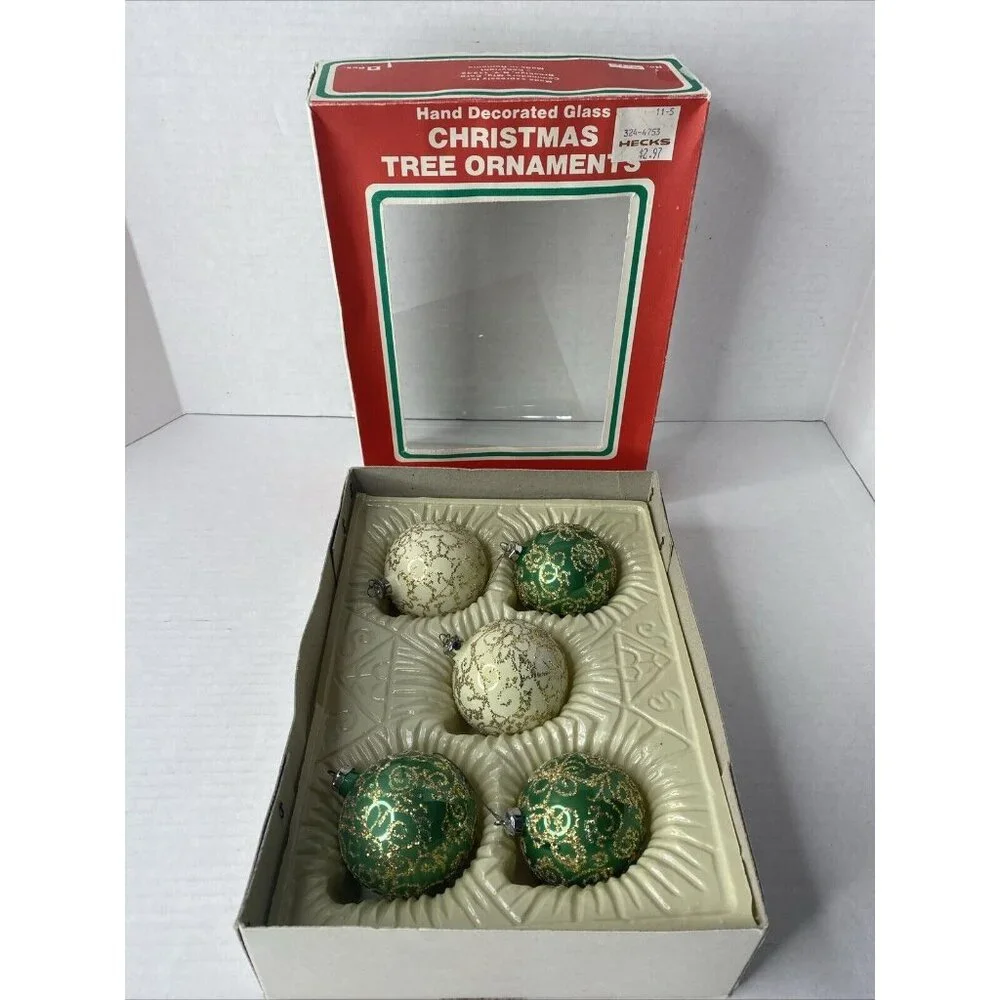 Vintage Commodore Mfg Christmas Ornaments Bulbs Original Box Romania Green White
